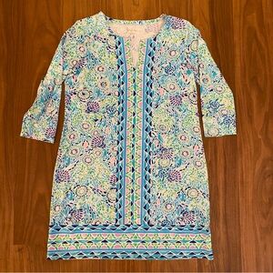 Lilly Pulitzer XL Printed Stretch Shift Dress Blue Green Pink